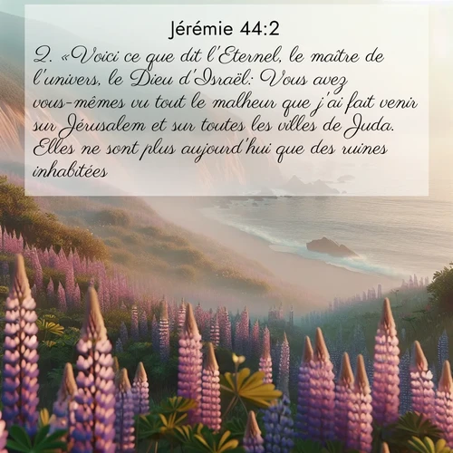 Segond21 Jérémie  ; image nature: image avec le verset biblique :«Voici ce que dit l&#039;Eternel, le maître de l&#039;univers, le Dieu d&#039;Israël: Vous avez vous-mêmes vu tout le malheur que j&#039;ai fait venir sur Jérusalem et sur toutes les villes de Juda. Elles ne sont plus aujourd&#039;hui que des ruines inhabitées ;  ; 44:2