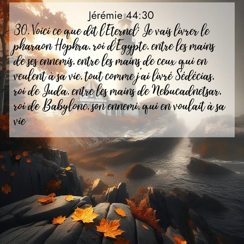 Segond21 Jérémie  ; image nature: image avec le verset biblique :Voici ce que dit l&#039;Eternel: Je vais livrer le pharaon Hophra, roi d&#039;Egypte, entre les mains de ses ennemis, entre les mains de ceux qui en veulent à sa vie, tout comme j&#039;ai livré Sédécias, roi de Juda, entre les mains de Nebucadnetsar, roi de Babylone, son ennemi, qui en voulait à sa vie.» ;  ; 44:30