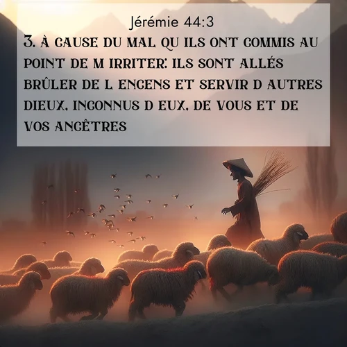 Segond21 Jérémie  ; image nature: image avec le verset biblique :à cause du mal qu&#039;ils ont commis au point de m&#039;irriter: ils sont allés brûler de l&#039;encens et servir d&#039;autres dieux, inconnus d&#039;eux, de vous et de vos ancêtres. ;  ; 44:3