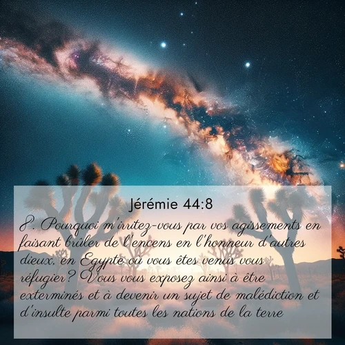 Segond21 Jérémie  ; image nature: image avec le verset biblique :Pourquoi m&#039;irritez-vous par vos agissements en faisant brûler de l&#039;encens en l&#039;honneur d&#039;autres dieux, en Egypte où vous êtes venus vous réfugier? Vous vous exposez ainsi à être exterminés et à devenir un sujet de malédiction et d&#039;insulte parmi toutes les nations de la terre! ;  ; 44:8