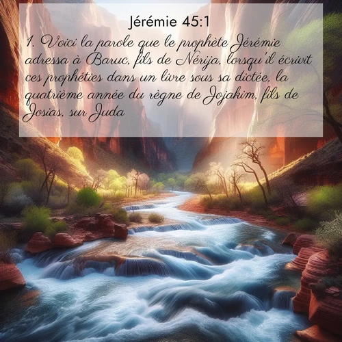 citation biblique : 1. Voici la parole que le prophète Jérémie adressa à Baruc, fils de Nérija, lorsqu&#039;il écrivit ces prophéties dans un livre sous sa dictée, la quatrième année du règne de Jojakim, fils de Josias, sur Juda.
 sur fond image nature