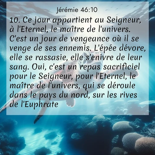 citation biblique : 10. Ce jour appartient au Seigneur, à l&#039;Eternel, le maître de l&#039;univers. C&#039;est un jour de vengeance où il se venge de ses ennemis. L&#039;épée dévore, elle se rassasie, elle s&#039;enivre de leur sang. Oui, c&#039;est un repas sacrificiel pour le Seigneur, pour l&#039;Eternel, le maître de l&#039;univers, qui se déroule dans le pays du nord, sur les rives de l&#039;Euphrate.
 sur fond image nature