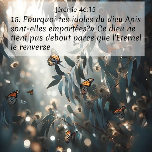 citation biblique : 15. Pourquoi tes idoles du dieu Apis sont-elles emportées?» Ce dieu ne tient pas debout parce que l&#039;Eternel le renverse.
 sur fond image nature