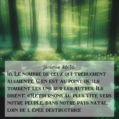 citation biblique : 16. Le nombre de ceux qui trébuchent augmente. C&#039;en est au point qu&#039;ils tombent les uns sur les autres. Ils disent: «Retournons au plus vite vers notre peuple, dans notre pays natal, loin de l&#039;épée destructrice!»
 sur fond image nature