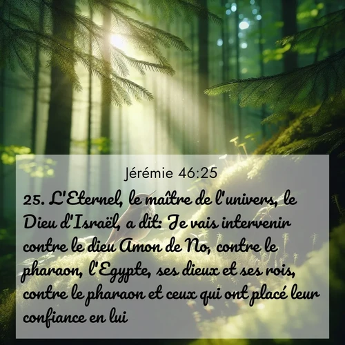 citation biblique : 25. L&#039;Eternel, le maître de l&#039;univers, le Dieu d&#039;Israël, a dit: Je vais intervenir contre le dieu Amon de No, contre le pharaon, l&#039;Egypte, ses dieux et ses rois, contre le pharaon et ceux qui ont placé leur confiance en lui.
 sur fond image nature