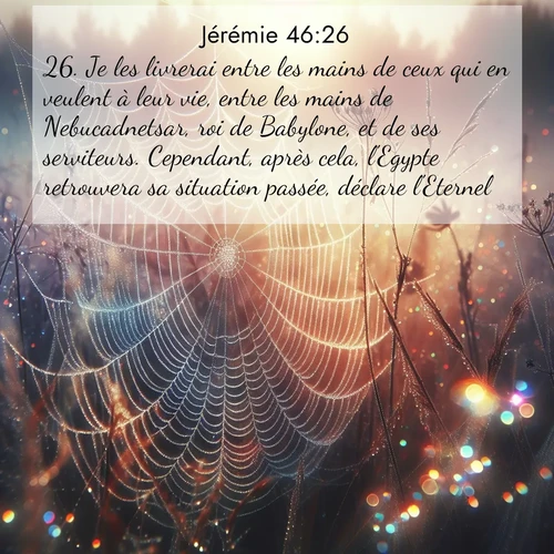 citation biblique : 26. Je les livrerai entre les mains de ceux qui en veulent à leur vie, entre les mains de Nebucadnetsar, roi de Babylone, et de ses serviteurs. Cependant, après cela, l&#039;Egypte retrouvera sa situation passée, déclare l&#039;Eternel.
 sur fond image nature
