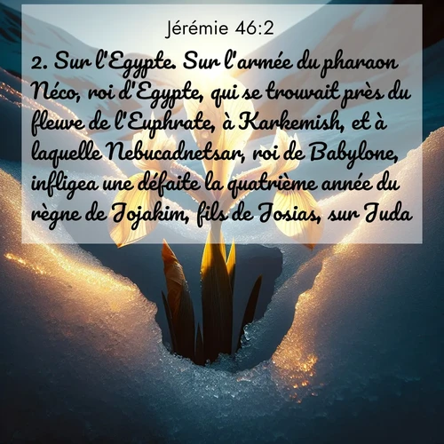 citation biblique : 2. Sur l&#039;Egypte. Sur l&#039;armée du pharaon Néco, roi d&#039;Egypte, qui se trouvait près du fleuve de l&#039;Euphrate, à Karkemish, et à laquelle Nebucadnetsar, roi de Babylone, infligea une défaite la quatrième année du règne de Jojakim, fils de Josias, sur Juda.
 sur fond image nature