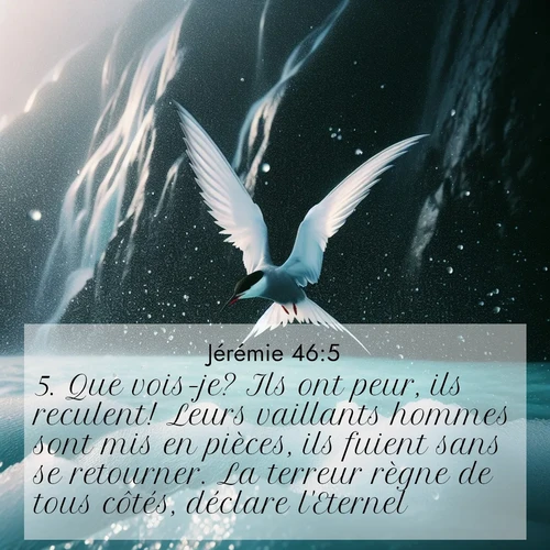 citation biblique : 5. Que vois-je? Ils ont peur, ils reculent! Leurs vaillants hommes sont mis en pièces, ils fuient sans se retourner. La terreur règne de tous côtés, déclare l&#039;Eternel.
 sur fond image nature