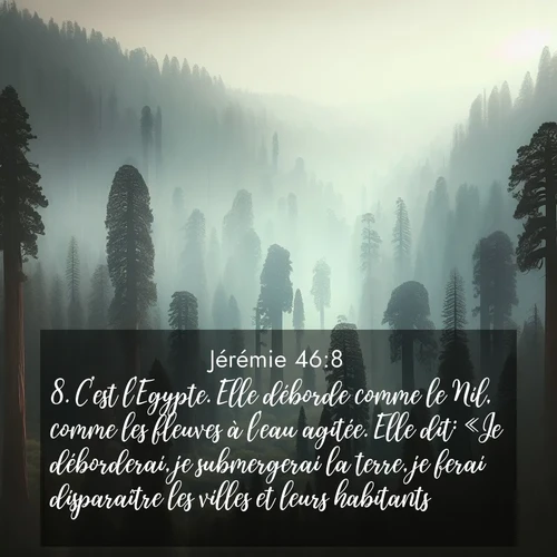 citation biblique : 8. C&#039;est l&#039;Egypte. Elle déborde comme le Nil, comme les fleuves à l&#039;eau agitée. Elle dit: «Je déborderai, je submergerai la terre, je ferai disparaître les villes et leurs habitants.»
 sur fond image nature