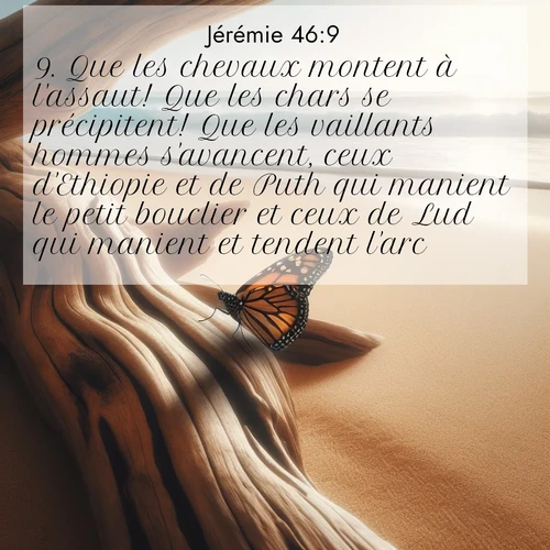 citation biblique : 9. Que les chevaux montent à l&#039;assaut! Que les chars se précipitent! Que les vaillants hommes s&#039;avancent, ceux d&#039;Ethiopie et de Puth qui manient le petit bouclier et ceux de Lud qui manient et tendent l&#039;arc!
 sur fond image nature