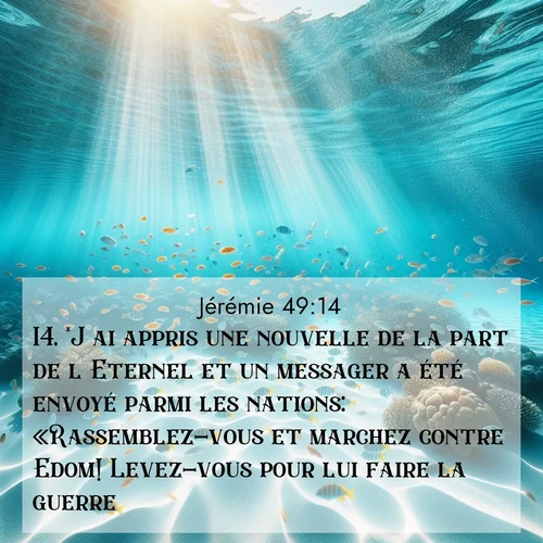 Segond21 Jérémie  ; image nature: image avec le verset biblique :*J&#039;ai appris une nouvelle de la part de l&#039;Eternel et un messager a été envoyé parmi les nations: «Rassemblez-vous et marchez contre Edom! Levez-vous pour lui faire la guerre!» ;  ; 49:14
