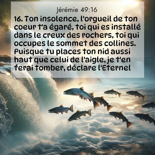 Segond21 Jérémie  ; image nature: image avec le verset biblique :Ton insolence, l&#039;orgueil de ton coeur t&#039;a égaré, toi qui es installé dans le creux des rochers, toi qui occupes le sommet des collines. Puisque tu places ton nid aussi haut que celui de l&#039;aigle, je t&#039;en ferai tomber, déclare l&#039;Eternel. ;  ; 49:16