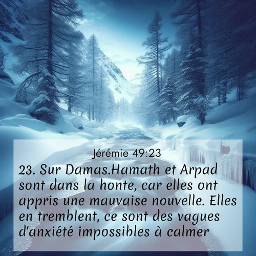 Segond21 Jérémie  ; image nature: image avec le verset biblique :Sur Damas.Hamath et Arpad sont dans la honte, car elles ont appris une mauvaise nouvelle. Elles en tremblent, ce sont des vagues d&#039;anxiété impossibles à calmer. ;  ; 49:23