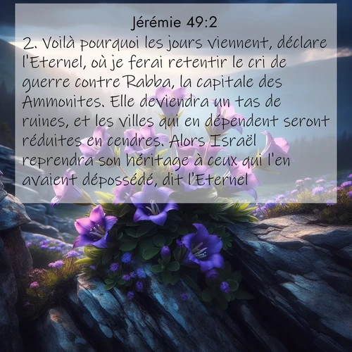 Segond21 Jérémie  ; image nature: image avec le verset biblique :Voilà pourquoi les jours viennent, déclare l&#039;Eternel, où je ferai retentir le cri de guerre contre Rabba, la capitale des Ammonites. Elle deviendra un tas de ruines, et les villes qui en dépendent seront réduites en cendres. Alors Israël reprendra son héritage à ceux qui l&#039;en avaient dépossédé, dit l&#039;Eternel. ;  ; 49:2
