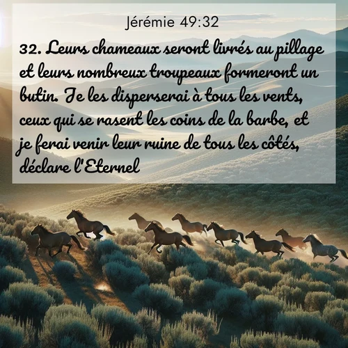Segond21 Jérémie  ; image nature: image avec le verset biblique :Leurs chameaux seront livrés au pillage et leurs nombreux troupeaux formeront un butin. Je les disperserai à tous les vents, ceux qui se rasent les coins de la barbe, et je ferai venir leur ruine de tous les côtés, déclare l&#039;Eternel. ;  ; 49:32