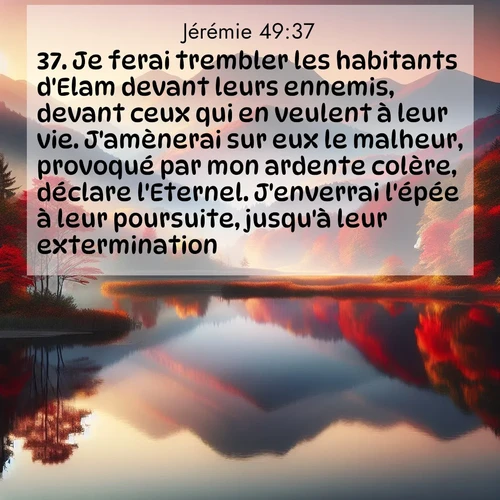 Segond21 Jérémie  ; image nature: image avec le verset biblique :Je ferai trembler les habitants d&#039;Elam devant leurs ennemis, devant ceux qui en veulent à leur vie. J&#039;amènerai sur eux le malheur, provoqué par mon ardente colère, déclare l&#039;Eternel. J&#039;enverrai l&#039;épée à leur poursuite, jusqu&#039;à leur extermination. ;  ; 49:37