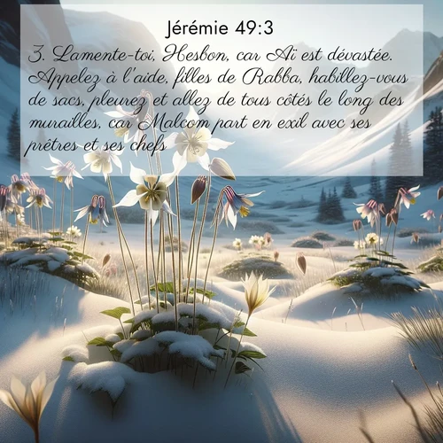 Segond21 Jérémie  ; image nature: image avec le verset biblique :Lamente-toi, Hesbon, car Aï est dévastée. Appelez à l&#039;aide, filles de Rabba, habillez-vous de sacs, pleurez et allez de tous côtés le long des murailles, car Malcom part en exil avec ses prêtres et ses chefs. ;  ; 49:3