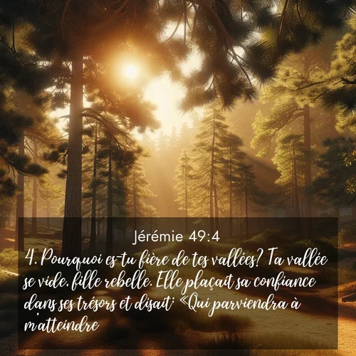 Segond21 Jérémie  ; image nature: image avec le verset biblique :Pourquoi es-tu fière de tes vallées? Ta vallée se vide, fille rebelle. Elle plaçait sa confiance dans ses trésors et disait: «Qui parviendra à m&#039;atteindre?» ;  ; 49:4