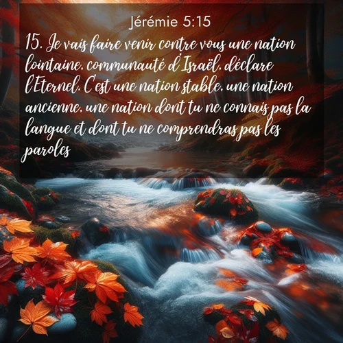 Segond21 Jérémie  ; image nature: image avec le verset biblique :Je vais faire venir contre vous une nation lointaine, communauté d&#039;Israël, déclare l&#039;Eternel. C&#039;est une nation stable, une nation ancienne, une nation dont tu ne connais pas la langue et dont tu ne comprendras pas les paroles. ;  ; 5:15