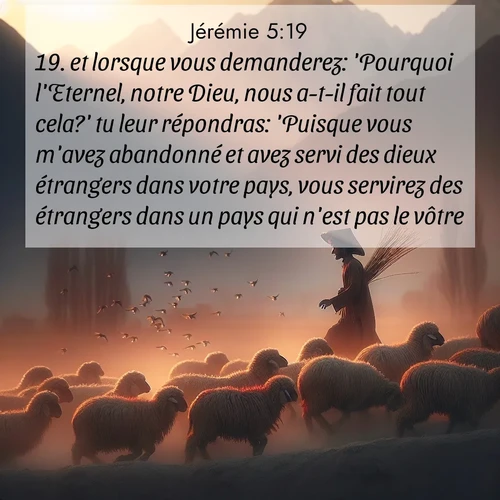 Segond21 Jérémie  ; image nature: image avec le verset biblique :et lorsque vous demanderez: &#039;Pourquoi l&#039;Eternel, notre Dieu, nous a-t-il fait tout cela?&#039; tu leur répondras: &#039;Puisque vous m&#039;avez abandonné et avez servi des dieux étrangers dans votre pays, vous servirez des étrangers dans un pays qui n&#039;est pas le vôtre.&#039; ;  ; 5:19