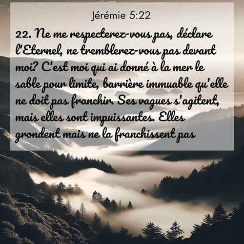 Segond21 Jérémie  ; image nature: image avec le verset biblique :Ne me respecterez-vous pas, déclare l&#039;Eternel, ne tremblerez-vous pas devant moi? C&#039;est moi qui ai donné à la mer le sable pour limite, barrière immuable qu&#039;elle ne doit pas franchir. Ses vagues s&#039;agitent, mais elles sont impuissantes. Elles grondent mais ne la franchissent pas. ;  ; 5:22