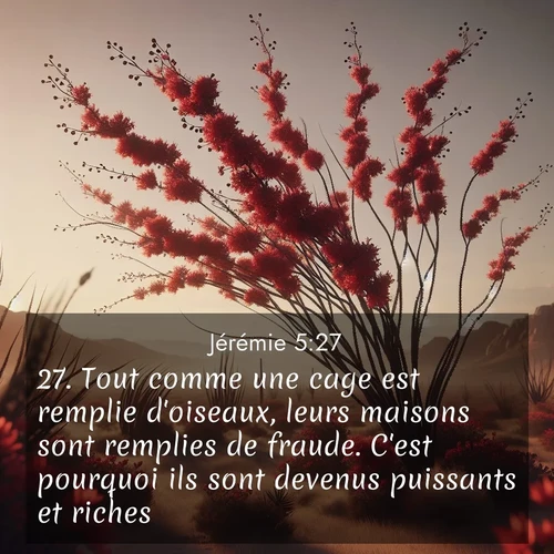 Segond21 Jérémie  ; image nature: image avec le verset biblique :Tout comme une cage est remplie d&#039;oiseaux, leurs maisons sont remplies de fraude. C&#039;est pourquoi ils sont devenus puissants et riches. ;  ; 5:27