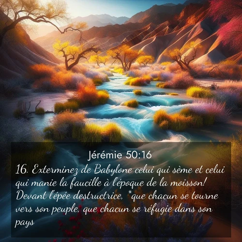 citation biblique : 16. Exterminez de Babylone celui qui sème et celui qui manie la faucille à l&#039;époque de la moisson! Devant l&#039;épée destructrice, *que chacun se tourne vers son peuple, que chacun se réfugie dans son pays!
 sur fond image nature