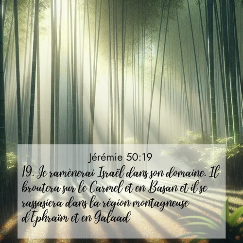 citation biblique : 19. Je ramènerai Israël dans son domaine. Il broutera sur le Carmel et en Basan et il se rassasiera dans la région montagneuse d&#039;Ephraïm et en Galaad.
 sur fond image nature