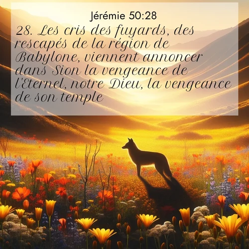citation biblique : 28. Les cris des fuyards, des rescapés de la région de Babylone, viennent annoncer dans Sion la vengeance de l&#039;Eternel, notre Dieu, la vengeance de son temple.
 sur fond image nature