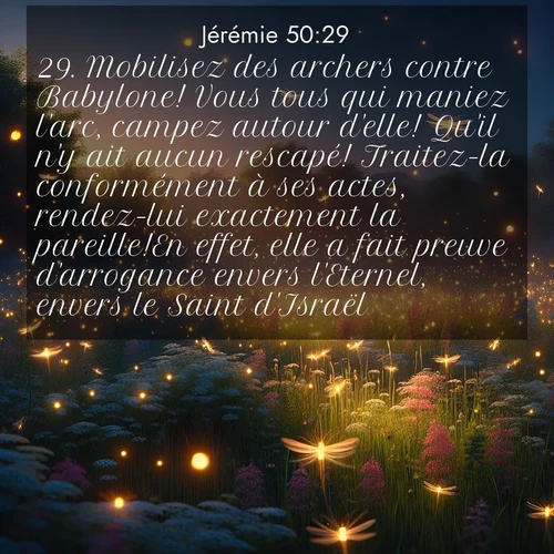 citation biblique : 29. Mobilisez des archers contre Babylone! Vous tous qui maniez l&#039;arc, campez autour d&#039;elle! Qu&#039;il n&#039;y ait aucun rescapé! Traitez-la conformément à ses actes, rendez-lui exactement la pareille!En effet, elle a fait preuve d&#039;arrogance envers l&#039;Eternel, envers le Saint d&#039;Israël.
 sur fond image nature