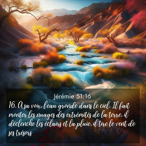 Segond21 Jérémie  ; image nature: image avec le verset biblique :A sa voix, l&#039;eau gronde dans le ciel. Il fait monter les nuages des extrémités de la terre, il déclenche les éclairs et la pluie, il tire le vent de ses trésors. ;  ; 51:16