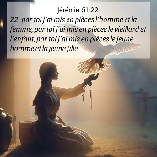 Segond21 Jérémie  ; image nature: image avec le verset biblique :par toi j&#039;ai mis en pièces l&#039;homme et la femme, par toi j&#039;ai mis en pièces le vieillard et l&#039;enfant, par toi j&#039;ai mis en pièces le jeune homme et la jeune fille, ;  ; 51:22