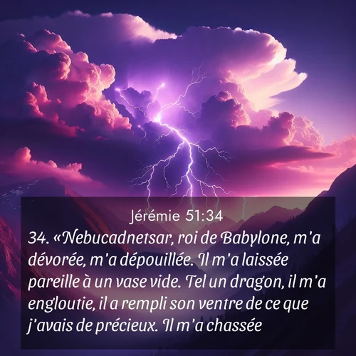 Segond21 Jérémie  ; image nature: image avec le verset biblique :«Nebucadnetsar, roi de Babylone, m&#039;a dévorée, m&#039;a dépouillée. Il m&#039;a laissée pareille à un vase vide. Tel un dragon, il m&#039;a engloutie, il a rempli son ventre de ce que j&#039;avais de précieux. Il m&#039;a chassée. ;  ; 51:34