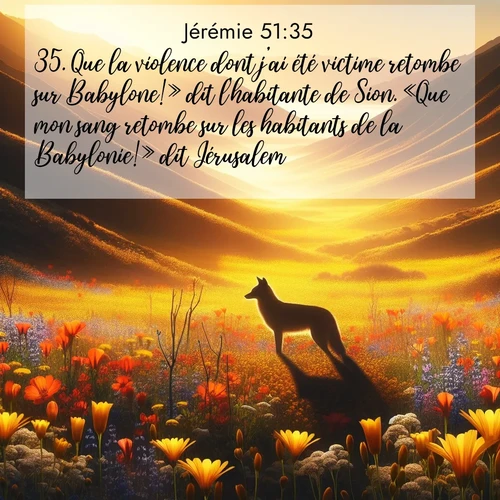 Segond21 Jérémie  ; image nature: image avec le verset biblique :Que la violence dont j&#039;ai été victime retombe sur Babylone!» dit l&#039;habitante de Sion. «Que mon sang retombe sur les habitants de la </p><p>Lire le verset dans son contexte : <br><a href=