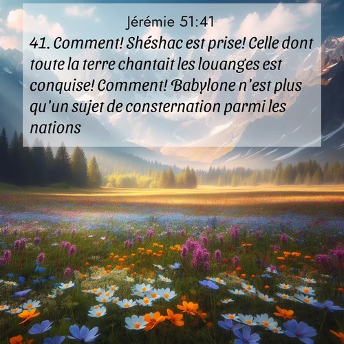 Segond21 Jérémie  ; image nature: image avec le verset biblique :Comment! Shéshac est prise! Celle dont toute la terre chantait les louanges est conquise! Comment! Babylone n&#039;est plus qu&#039;un sujet de consternation parmi les nations! ;  ; 51:41