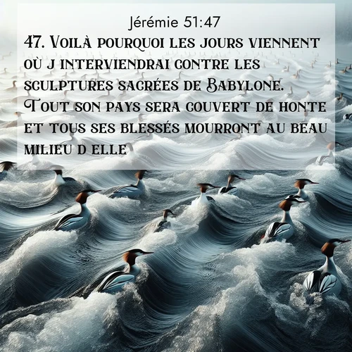 Segond21 Jérémie  ; image nature: image avec le verset biblique :Voilà pourquoi les jours viennent où j&#039;interviendrai contre les sculptures sacrées de Babylone. Tout son pays sera couvert de honte et tous ses blessés mourront au beau milieu d&#039;elle. ;  ; 51:47