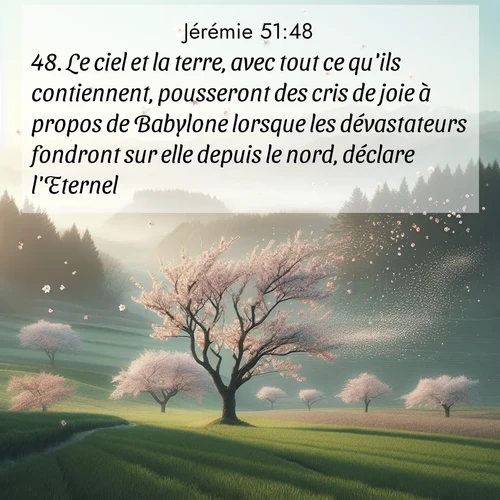 Segond21 Jérémie  ; image nature: image avec le verset biblique :Le ciel et la terre, avec tout ce qu&#039;ils contiennent, pousseront des cris de joie à propos de Babylone lorsque les dévastateurs fondront sur elle depuis le nord, déclare l&#039;Eternel. ;  ; 51:48