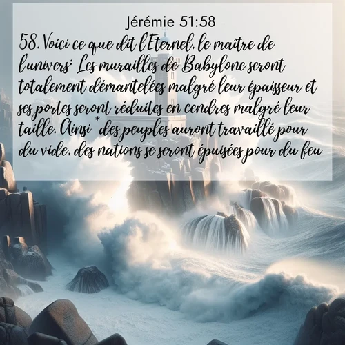Segond21 Jérémie  ; image nature: image avec le verset biblique :Voici ce que dit l&#039;Eternel, le maître de l&#039;univers: Les murailles de Babylone seront totalement démantelées malgré leur épaisseur et ses portes seront réduites en cendres malgré leur taille. Ainsi *des peuples auront travaillé pour du vide, des nations se seront épuisées pour du feu. ;  ; 51:58