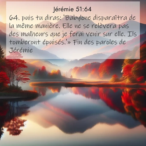 Segond21 Jérémie  ; image nature: image avec le verset biblique :puis tu diras: &#039;Babylone disparaîtra de la même manière. Elle ne se relèvera pas des malheurs que je ferai venir sur elle. Ils tomberont épuisés.&#039;» Fin</p><p>Lire le verset dans son contexte : <br><a href=