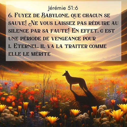 Segond21 Jérémie  ; image nature: image avec le verset biblique :Fuyez de Babylone, que chacun se sauve! Ne vous laissez pas réduire au silence par sa faute! En effet, c&#039;est une période de vengeance pour l&#039;Eternel, il va la traiter comme elle le mérite. ;  ; 51:6