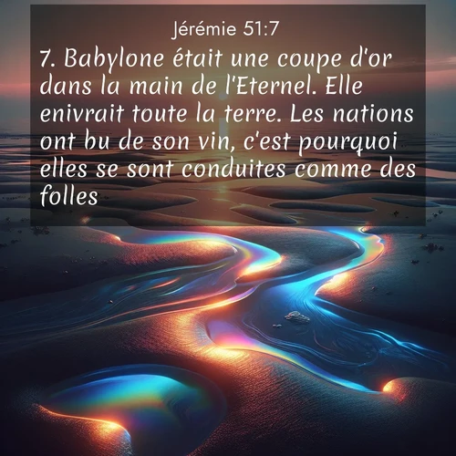 Segond21 Jérémie  ; image nature: image avec le verset biblique :Babylone était une coupe d&#039;or dans la main de l&#039;Eternel. Elle enivrait toute la terre. Les nations ont bu de son vin, c&#039;est pourquoi elles se sont conduites comme des folles. ;  ; 51:7