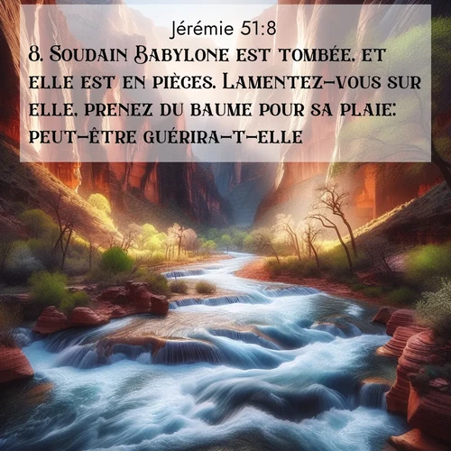 Segond21 Jérémie  ; image nature: image avec le verset biblique :Soudain Babylone est tombée, et elle est en pièces. Lamentez-vous sur elle, prenez du baume pour sa plaie: peut-être guérira-t-elle. ;  ; 51:8