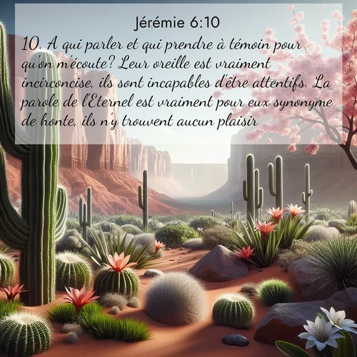 Segond21 Jérémie  ; image nature: image avec le verset biblique :A qui parler et qui prendre à témoin pour qu&#039;on m&#039;écoute? Leur oreille est vraiment incirconcise, ils sont incapables d&#039;être attentifs. La parole de l&#039;Eternel est vraiment pour eux synonyme de honte, ils n&#039;y trouvent aucun plaisir.» ;  ; 6:10
