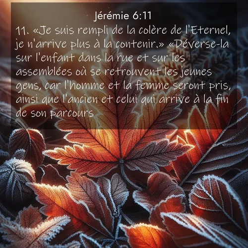 Segond21 Jérémie  ; image nature: image avec le verset biblique :«Je suis rempli de la colère de l&#039;Eternel, je n&#039;arrive plus à la contenir.» «Déverse-la sur l&#039;enfant dans la rue et sur les assemblées où se retrouvent les jeunes gens, car l&#039;homme et la femme seront pris, ainsi que l&#039;ancien et celui qui arrive à la fin de son parcours. ;  ; 6:11