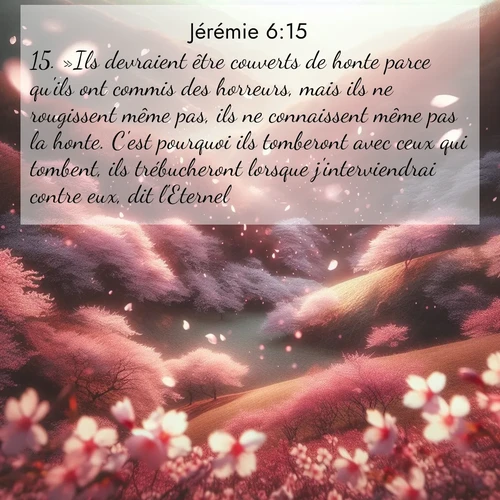Segond21 Jérémie  ; image nature: image avec le verset biblique :»Ils devraient être couverts de honte parce qu&#039;ils ont commis des horreurs, mais ils ne rougissent même pas, ils ne connaissent même pas la honte. C&#039;est pourquoi ils tomberont avec ceux qui tombent, ils trébucheront lorsque j&#039;interviendrai contre eux, dit l&#039;Eternel. ;  ; 6:15