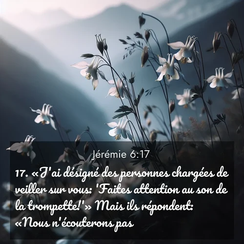 Segond21 Jérémie  ; image nature: image avec le verset biblique :«J&#039;ai désigné des personnes chargées de veiller sur vous: &#039;Faites attention au son de la trompette!&#039;» Mais ils répondent: «Nous n&#039;écouterons pas.» ;  ; 6:17