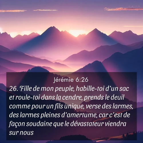 Segond21 Jérémie  ; image nature: image avec le verset biblique :Fille de mon peuple, habille-toi d&#039;un sac et roule-toi dans la cendre, prends le deuil comme pour un fils unique, verse des larmes, des larmes pleines d&#039;amertume, car c&#039;est de façon soudaine que le dévastateur viendra sur nous.» ;  ; 6:26