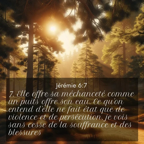 Segond21 Jérémie  ; image nature: image avec le verset biblique :Elle offre sa méchanceté comme un puits offre son eau. Ce qu&#039;on entend d&#039;elle ne fait état que de violence et de persécution, je vois sans cesse de la souffrance et des blessures. ;  ; 6:7