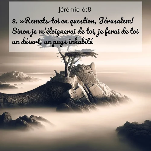 Segond21 Jérémie  ; image nature: image avec le verset biblique :»Remets-toi en question, Jérusalem! Sinon je m&#039;éloignerai de toi, je ferai de toi un désert, un pays inhabité! ;  ; 6:8