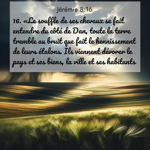 Segond21 Jérémie  ; image nature: image avec le verset biblique :«Le souffle de ses chevaux se fait entendre du côté de Dan, toute la terre tremble au bruit que fait le hennissement de leurs étalons. Ils viennent dévorer le pays et ses biens, la ville et ses habitants. ;  ; 8:16
